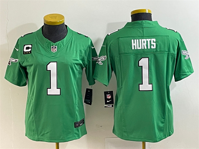 Personalized Women’s Philadelphia Eagles #1 Jalen Hurts Green 2023 F.U.S.E. With C Patch Stitched Football Jersey(Run Small)