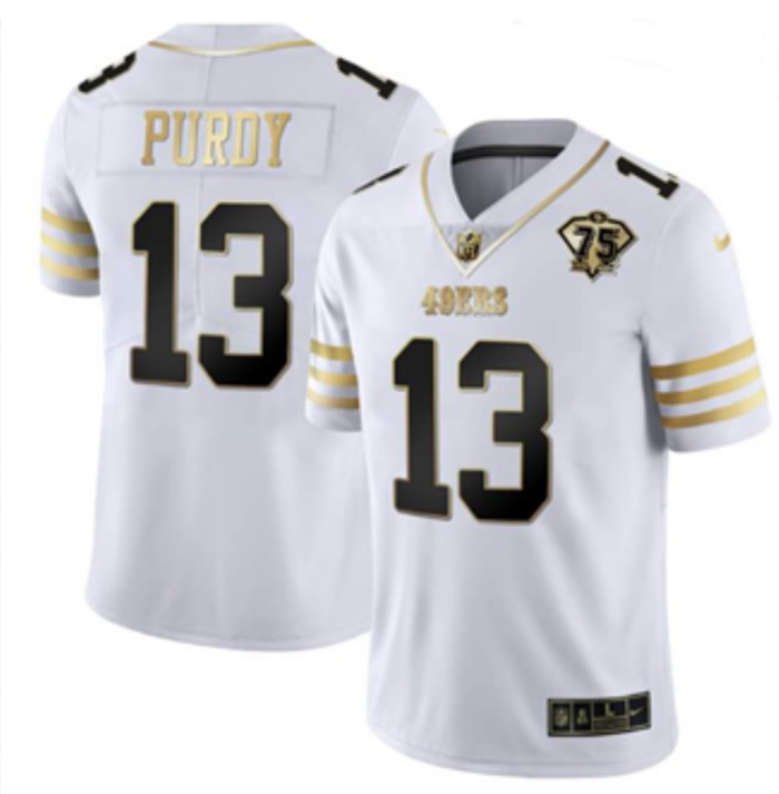 Personalized Men’s San Francisco 49ers #13 Brock Purdy White Gold With 75th Patch Stitched Jersey