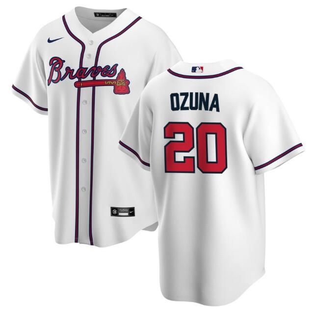 Personalized Men’s Atlanta Braves #20 Marcell Ozuna White Cool Base Stitched Jersey