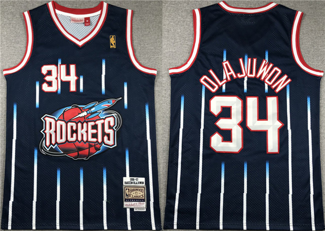 Personalized Men’s Houston Rockets #34 Hakeem Olajuwon Navy 1996-97 Mitchell & Ness Hardwood Classics Swingman Stitched Basketball Jersey