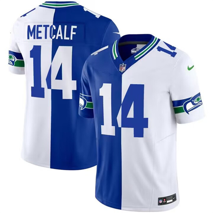 Personalized Men’s Seattle Seahawks #14 D.K. Metcalf Royal White Split 2023 F.U.S.E. Throwback Limited Stitched Football Jersey