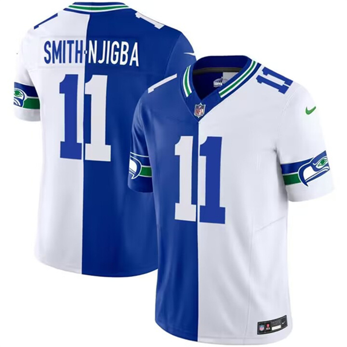 Personalized Men’s Seattle Seahawks #11 Jaxon Smith-Njigba Royal White Split 2023 F.U.S.E. Throwback Limited Stitched Football Jersey