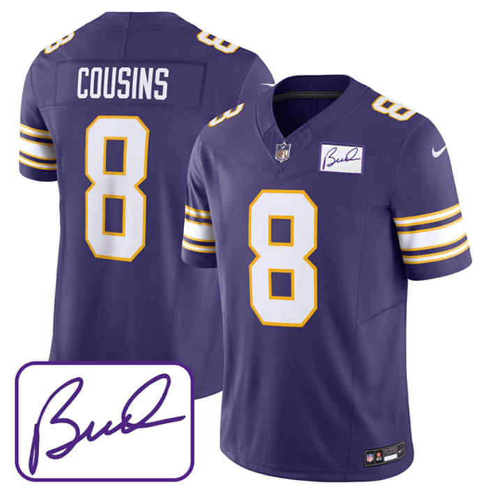 Personalized Men’s Minnesota Vikings #8 Kirk Cousins Purple 2023 F.U.S.E. Bud Grant Patch Limited Stitched Jersey