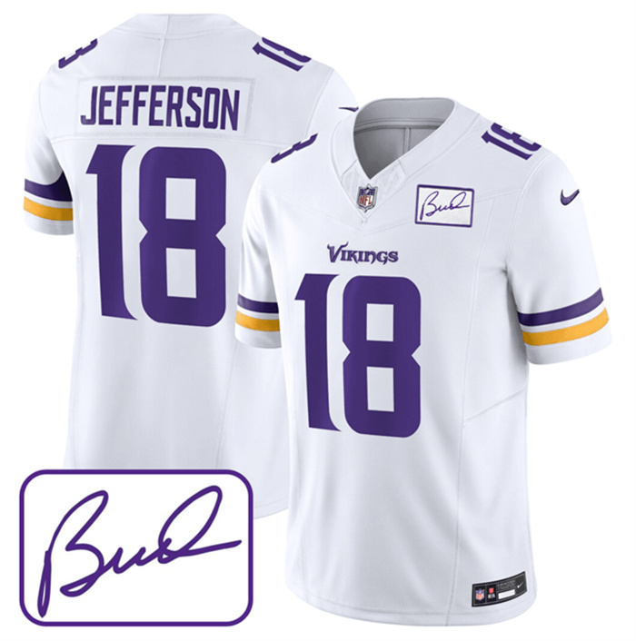 Personalized Men’s Minnesota Vikings #18 Justin Jefferson White 2023 F.U.S.E. Bud Grant Patch Limited Stitched Jersey