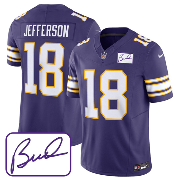Personalized Men’s Minnesota Vikings #18 Justin Jefferson Purple 2023 F.U.S.E. Bud Grant Patch Limited Stitched Jersey