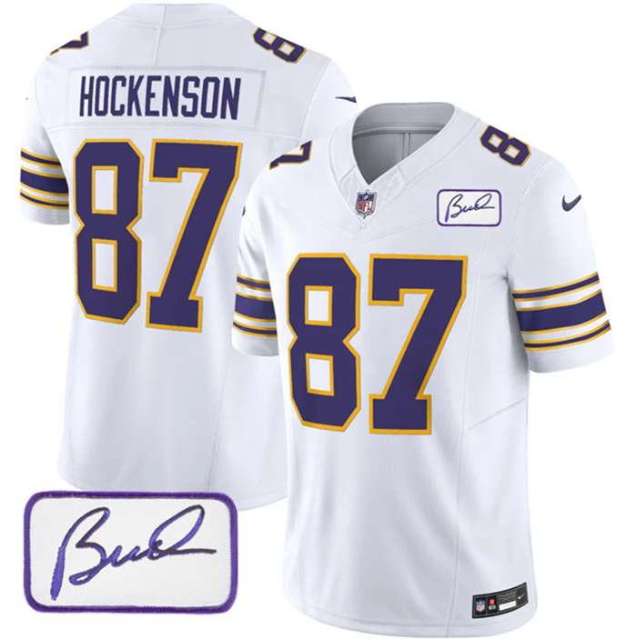 Personalized Men’s Minnesota Vikings #87 T.J. Hockenson White 2023 F.U.S.E. Bud Grant Patch Limited Stitched Jersey