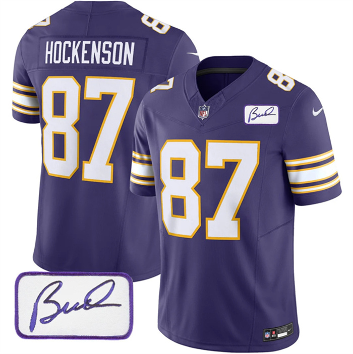 Personalized Men’s Minnesota Vikings #87 T.J. Hockenson Purple 2023 F.U.S.E. Bud Grant Patch Limited Stitched Jersey
