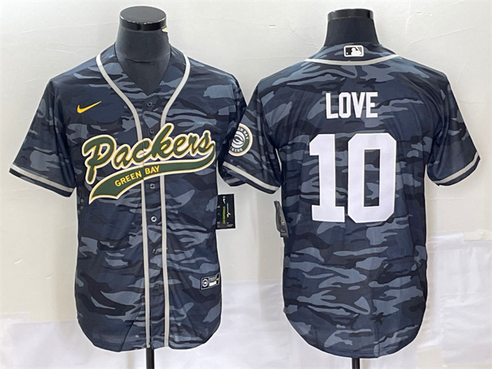 Personalized Men’s Green Bay Packers #10 Jordan Love Grey Camo Cool Base Stitched Baseball Jersey