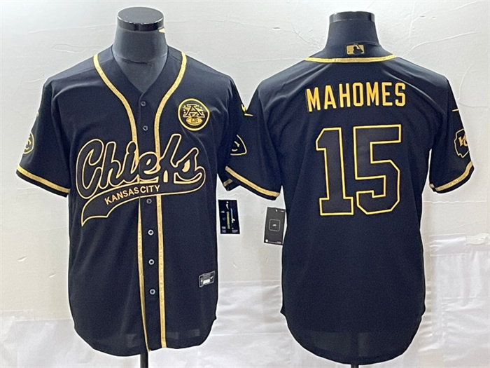 Personalized Men’s Kansas City Chiefs #15 Patrick Mahomes Black Gold Cool Bae Stitched Baseball Jersey