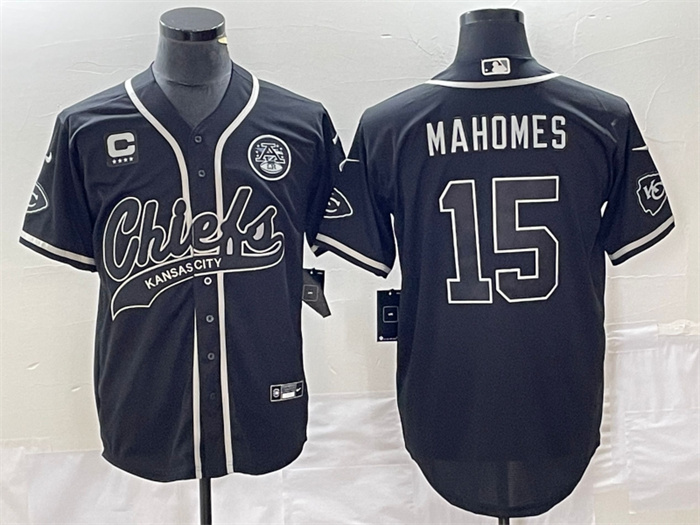 Personalized Men’s Kansas City Chiefs #15 Patrick Mahomes Black With 4-Star C Patch Cool Bae Stitched Baseball Jersey