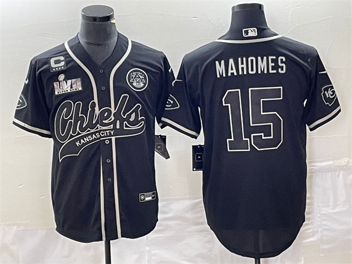 Personalized Men’s Kansas City Chiefs #15 Patrick Mahomes Black With 4-Star C Patch And Super Bowl LVII Patch Cool Bae Stitched Baseball Jersey