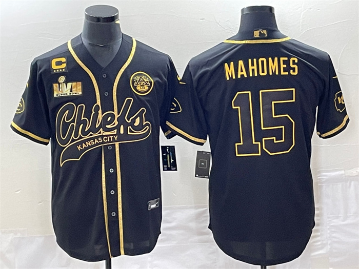 Personalized Men’s Kansas City Chiefs #15 Patrick Mahomes Black Gold With 4-Star C Patch And Super Bowl LVII Patch Cool Bae Stitched Baseball Jersey