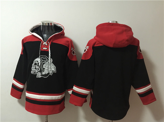 Personalized Men’s Chicago Blackhawks Blank Black Lace-Up Pullover Hoodie
