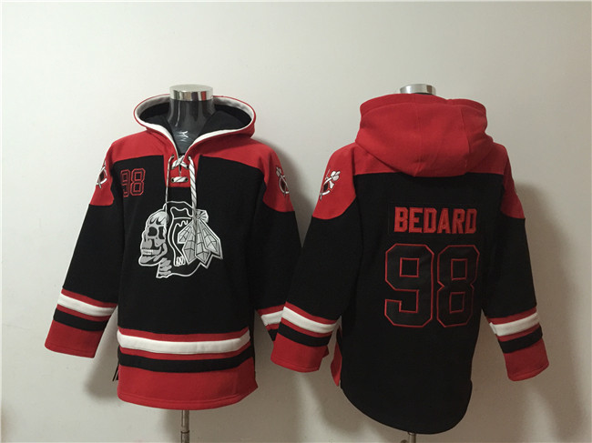 Personalized Men’s Chicago Blackhawks #98 Connor Bedard Black Lace-Up Pullover Hoodie