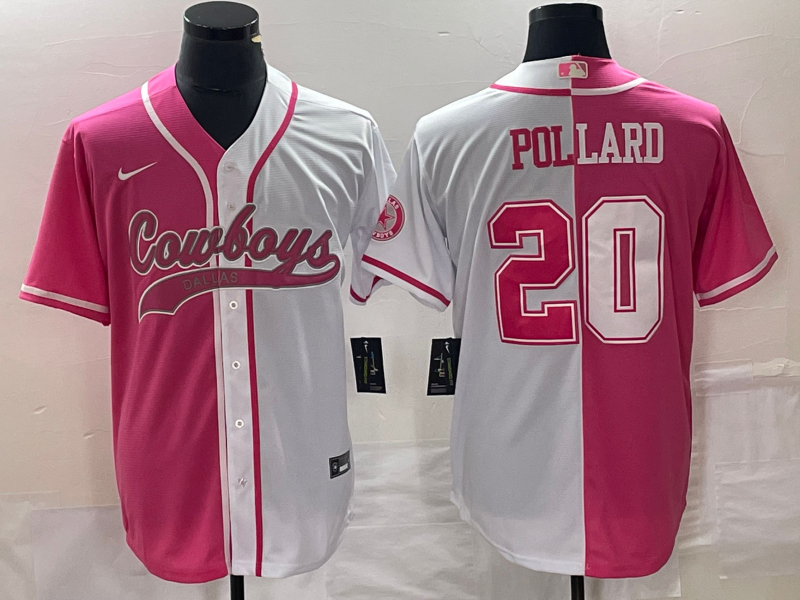 Personalized Men’s Dallas Cowboys #20 Tony Pollard Pink White Split Cool Base Stitched Baseball Jersey