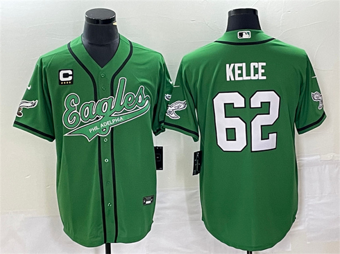 Personalized Men’s Philadelphia Eagles #62 Jason Kelce Green With C Patch Cool Base Stitched Baseball Jersey