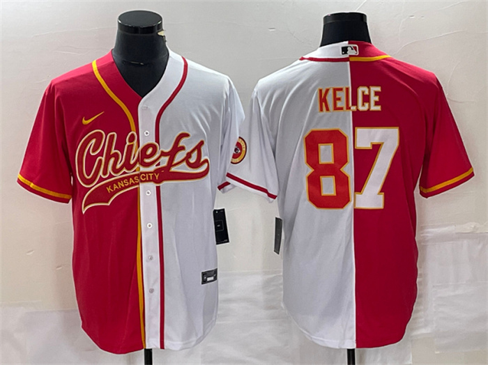 Personalized Men’s Kansas City Chiefs #87 Travis Kelce Red White Split Cool Base Stitched Baseball Jersey