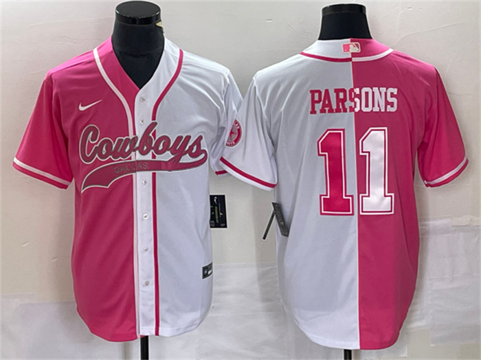 Personalized Men’s Dallas Cowboys #11 Micah Parsons Pink White Split Cool Base Stitched Baseball Jersey