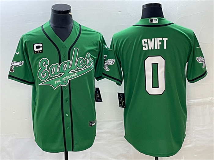 Personalized Men’s Philadelphia Eagles #0 D’Andre Swift Green With C Patch Cool Base Stitched Baseball Jersey