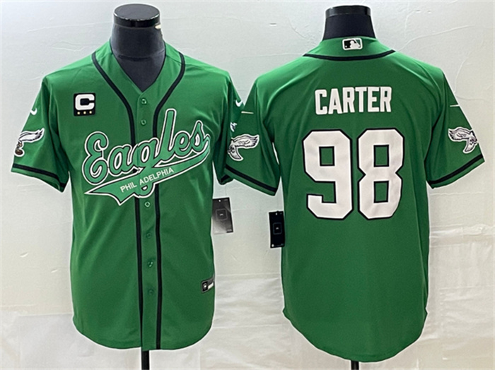 Personalized Men’s Philadelphia Eagles #98 Jalen Carter Green With C Patch Cool Base Stitched Baseball Jersey