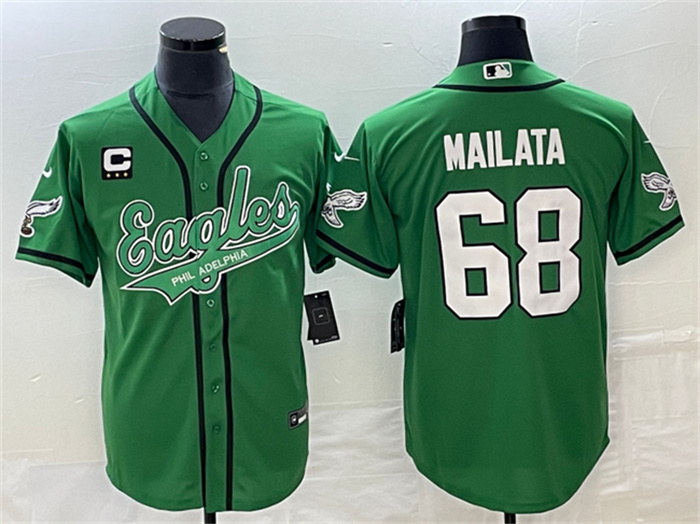 Personalized Men’s Philadelphia Eagles #68 Jordan Mailata Green With C Patch Cool Base Stitched Baseball Jersey