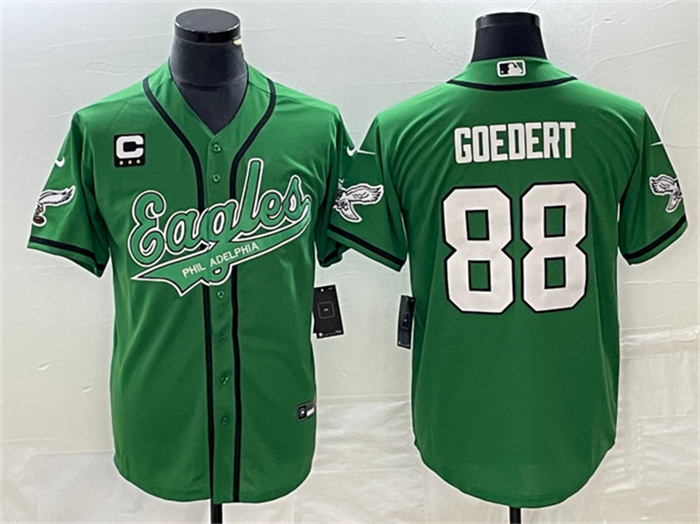 Personalized Men’s Philadelphia Eagles #88 Dallas Goedert Green With C Patch Cool Base Stitched Baseball Jersey