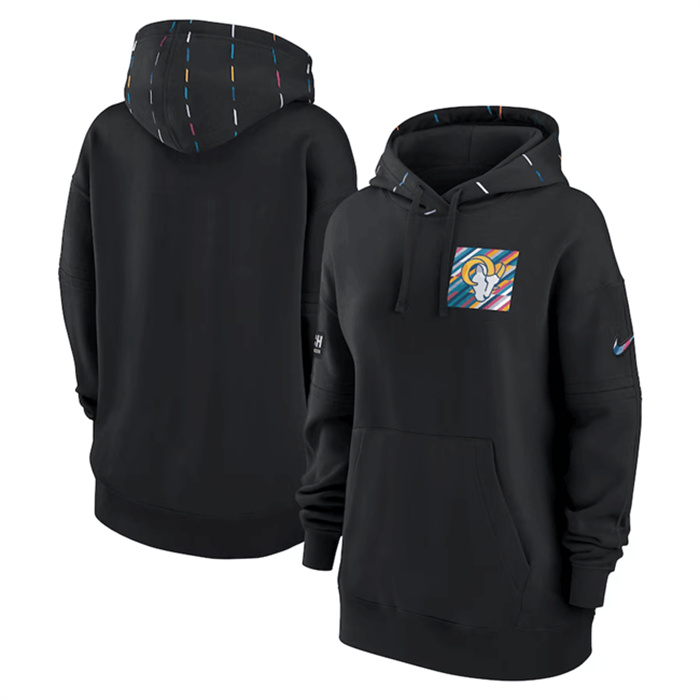 Personalized Women’s Los Angeles Rams Black 2023 Crucial Catch Club Pullover Hoodie(Run Small)