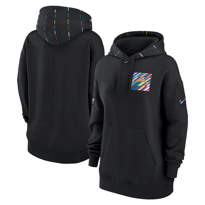 Personalized Women’s Los Angeles Chargers Black 2023 Crucial Catch Club Pullover Hoodie(Run Small)