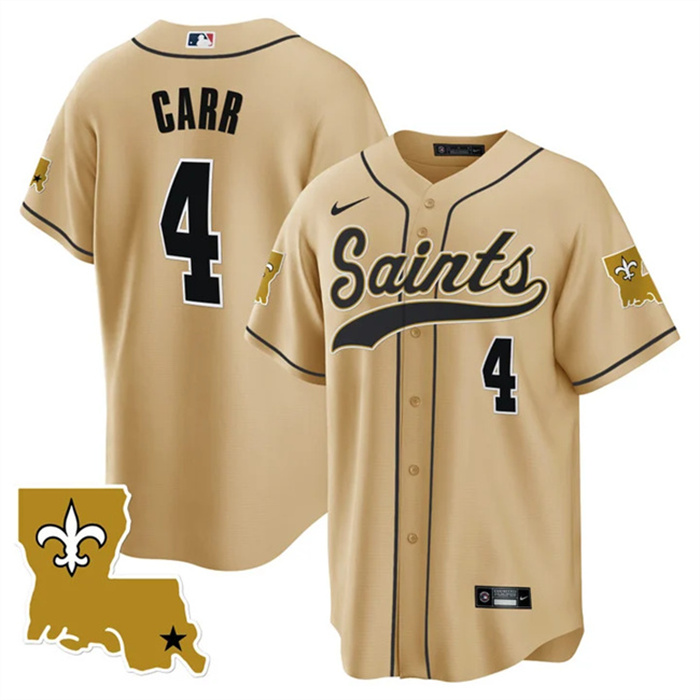Personalized Men’s New Orleans Saints #4 Derek Carr Gold 1987 Legacy Cool Base Stitched Baseball Jersey