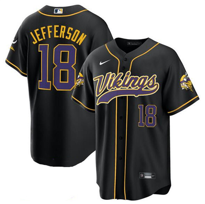 Personalized Men’s Minnesota Vikings #18 Justin Jefferson Black Cool Base Stitched Baseball Jersey