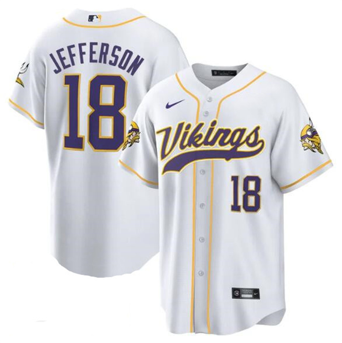 Personalized Men’s Minnesota Vikings #18 Justin Jefferson White Cool Base Stitched Baseball Jersey