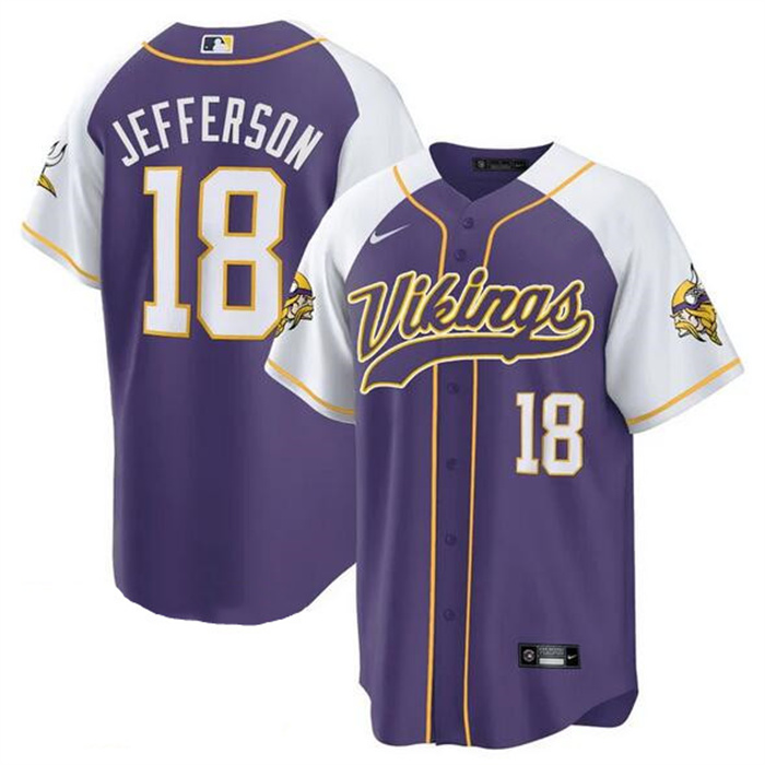Personalized Men’s Minnesota Vikings #18 Justin Jefferson Purple White Cool Base Stitched Baseball Jersey