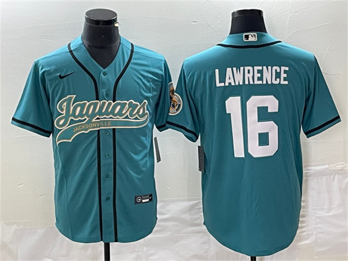 Personalized Men’s Jacksonville Jaguars #16 Trevor Lawrence Teal With Patch Cool Base Stitched Baseball Jersey