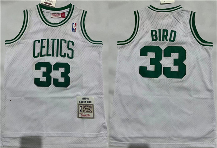 Personalized Men’s Boston Celtics #33 Larry Bird 1995-96 White Throwback Stitched Jersey