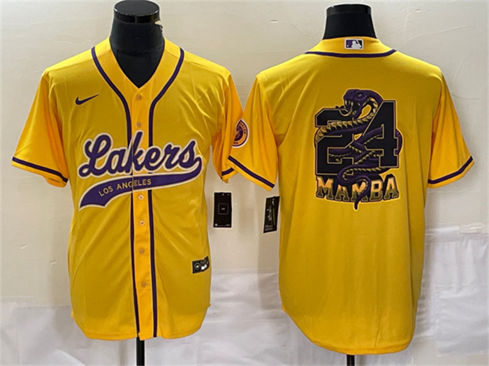 Personalized Men’s Los Angeles Lakers Gold #24 Mamba Big Logo Cool Base Stitched Baseball Jersey