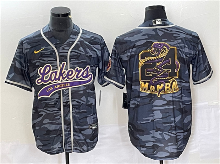 Personalized Men’s Los Angeles Lakers Gray Camo #24 Mamba Big Logo Cool Base Stitched Baseball Jersey