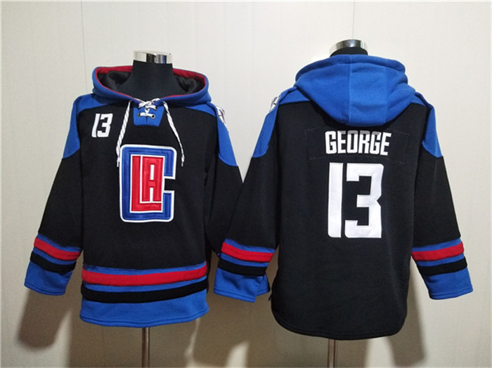 Personalized Men’s Los Angeles Clippers #13 Paul George Black Blue Lace-Up Pullover Hoodie