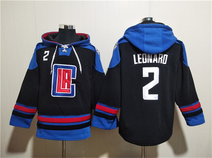 Personalized Men’s Los Angeles Clippers #2 Kawhi Leonard Black Blue Lace-Up Pullover Hoodie