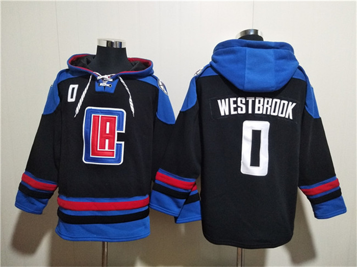 Personalized Men’s Los Angeles Clippers #0 Russell Westbrook Black Blue Lace-Up Pullover Hoodie