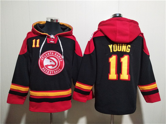 Personalized Men’s Atlanta Hawks #11 Trae Young Black Red Lace-Up Pullover Hoodie