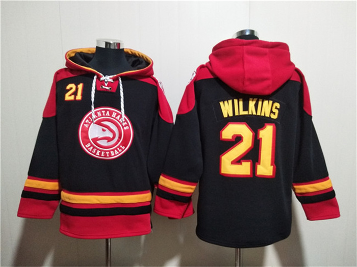 Personalized Men’s Atlanta Hawks #21 Dominique Wilkins Black Red Lace-Up Pullover Hoodie