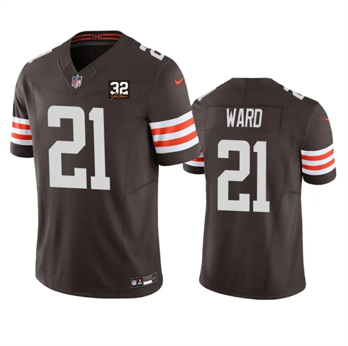 Personalized Men’s Cleveland Browns #21 Denzel Ward Brown 2023 F.U.S.E. With Jim Brown Memorial Patch Untouchable Limited Stitched Jersey