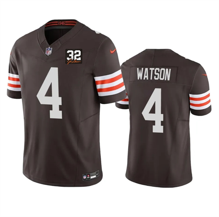 Personalized Men’s Cleveland Browns #4 Deshaun Watson Brown 2023 F.U.S.E. With Jim Brown Memorial Patch Untouchable Limited Stitched Jersey