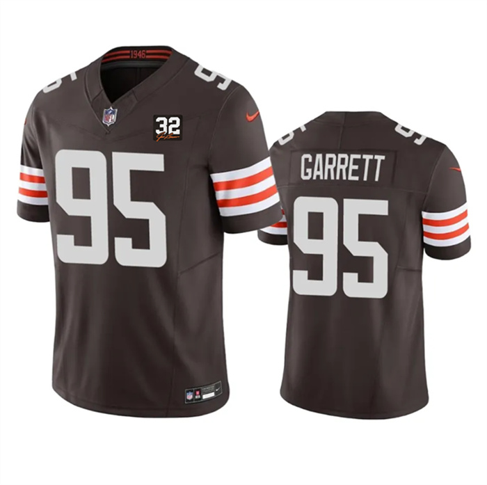Personalized Men’s Cleveland Browns #95 Myles Garrett Brown 2023 F.U.S.E. With Jim Brown Memorial Patch Untouchable Limited Stitched Jersey