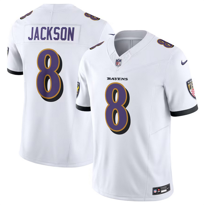 Personalized Men’s Baltimore Ravens #8 Lamar Jackson White 2023 F.U.S.E Jersey