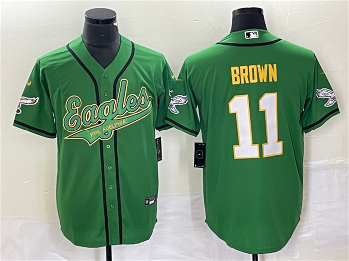 Personalized Men’s Philadelphia Eagles #11 A. J. Brown Green Gold Cool Base Stitched Baseball Jersey