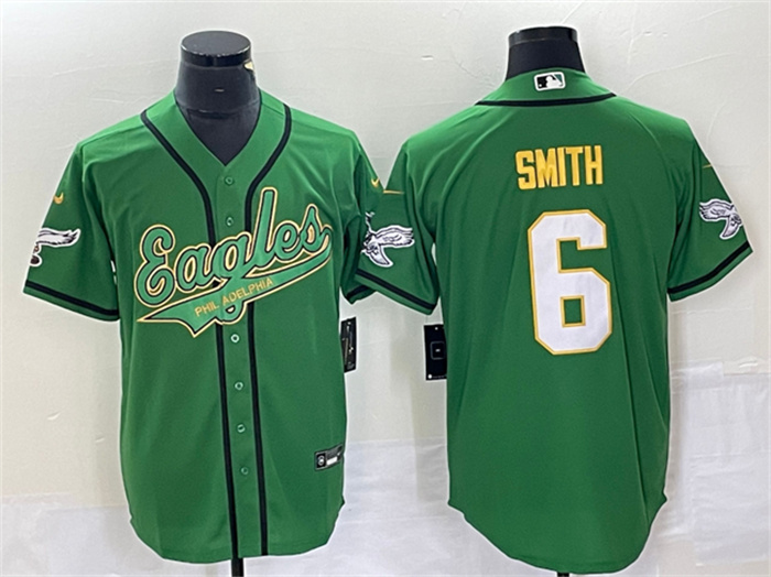Personalized Men’s Philadelphia Eagles #6 DeVonta Smith Green Gold Cool Base Stitched Baseball Jersey