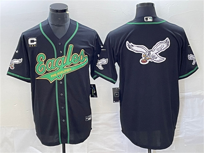 Personalized Men’s Philadelphia Eagles Black Team Big Logo With C Patch Cool Base Stitched Baseball Jersey