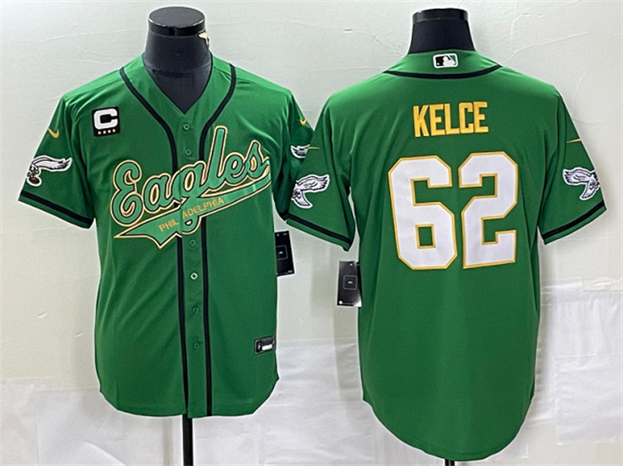 Personalized Men’s Philadelphia Eagles #62 Jason Kelce Green Gold With C Patch Cool Base Stitched Baseball Jersey