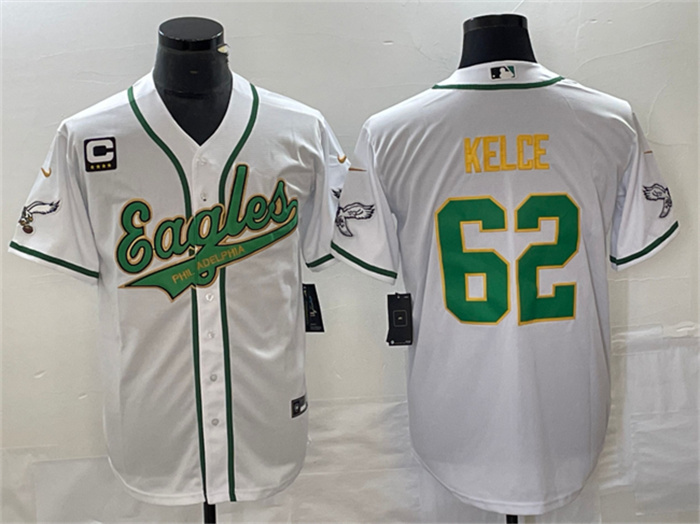 Personalized Men’s Philadelphia Eagles #62 Jason Kelce White Gold With C Patch Cool Base Stitched Baseball Jersey